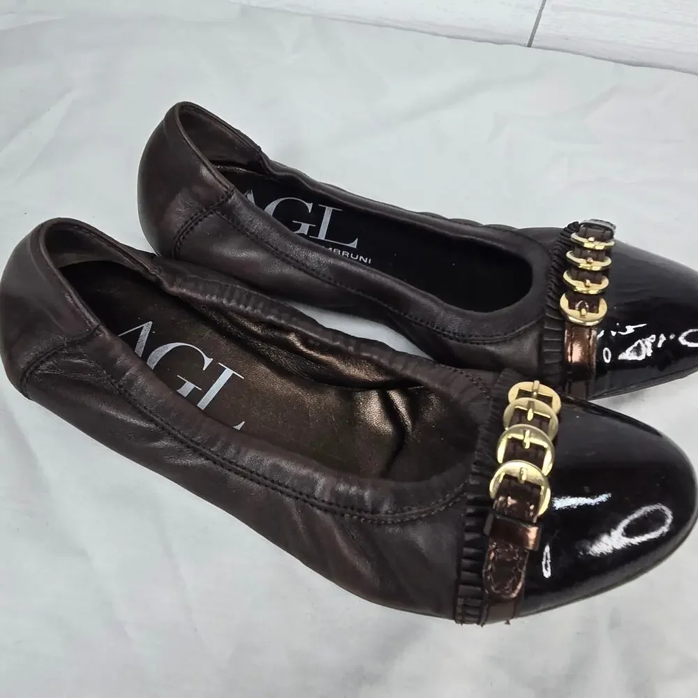 AGL Attilio Giusti Leombruni Ballet Flats Cap Toe Leather Gold Buckle 37.5 7.5